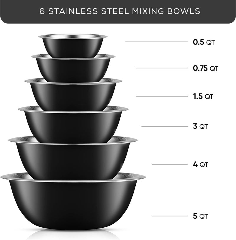 JoyJolt Stainless Steel Mixing Bowl Set - 6 Piece Nesting Bowls, 5qt to 0.5qt, Black, Perfect for Dough, Batter & Baking - Image 2