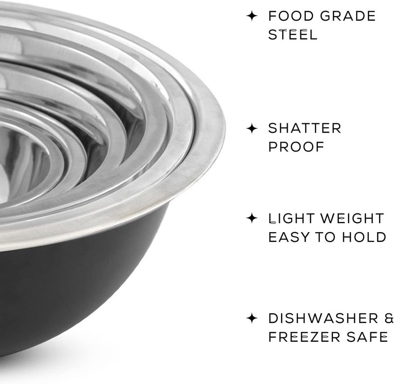 JoyJolt Stainless Steel Mixing Bowl Set - 6 Piece Nesting Bowls, 5qt to 0.5qt, Black, Perfect for Dough, Batter & Baking - Image 3