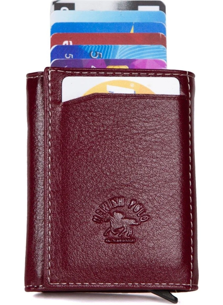 Newish Polo Claret Red Genuine Leather Automatic Mechanism Card Holder Wallet