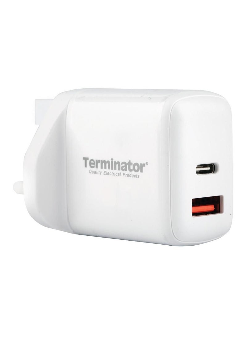 Terminator Wall Charger Dual Port (USB + C Type) 38W 13A White With Blue Indicator TUSBWC 01-38W Terminator