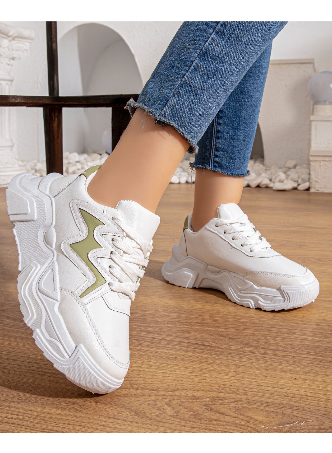 High quality leather women's sneaker M-360-WHITE&MINT GREEN