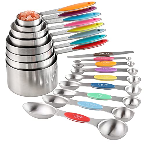 Turewin Measuring Cups and Spoons Set Stainless Steel Including 8 Stackable Measuring Cup 8 Double Sided Magnetic Measuring Spoons with 1 Leveler for Dry and Liquid Ingredients - Image 1