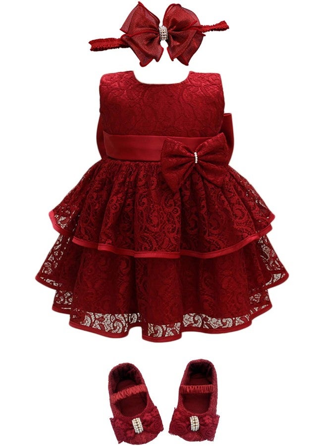 Glamulice Red Christening Outfit Baby Flower Girls Dress Lace Infant First Birthday Outfit Wedding Bridesmaid Party Christmas Dresses 0-6 Burgundy Newborn Holiday Photo Shoot Formal Gown 3M - Image 1