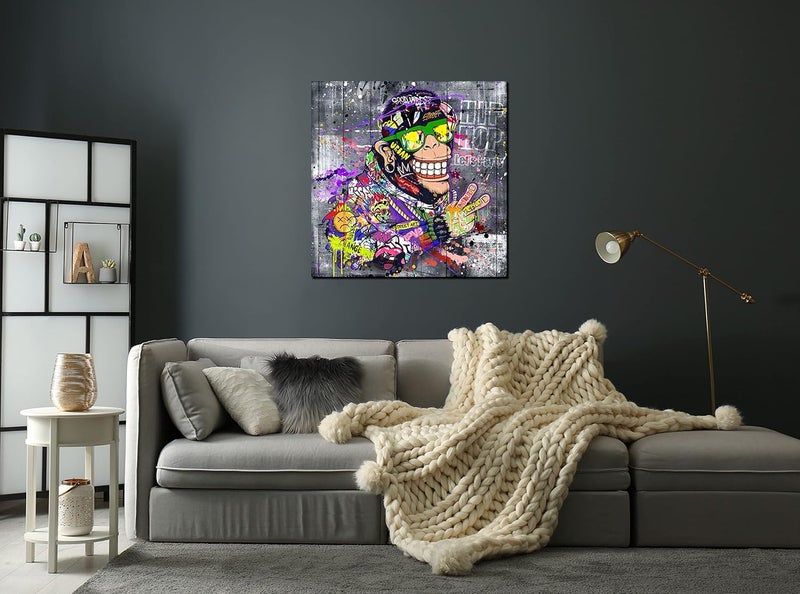 SIXTTART Animal Abstract Wall-Art Bedroom Decor For Teen Boys - Graffiti Modern Wall Decor - Banksy Monkey Wall Art Ready To Hang Size 30" x 30" - Image 4