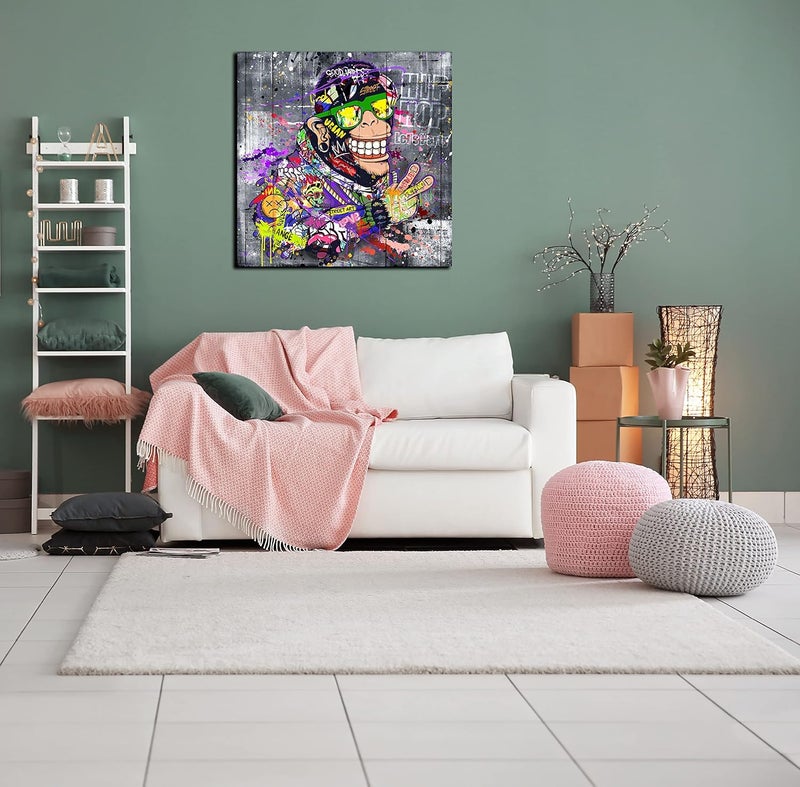 SIXTTART Animal Abstract Wall-Art Bedroom Decor For Teen Boys - Graffiti Modern Wall Decor - Banksy Monkey Wall Art Ready To Hang Size 30" x 30" - Image 3