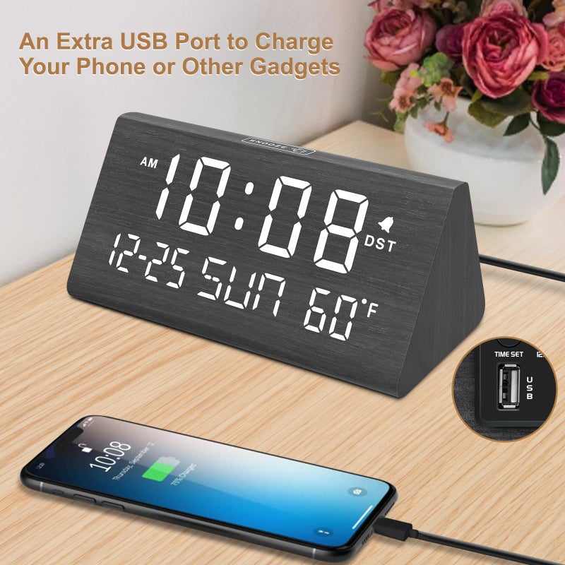 DreamSky Digital Alarm Clocks for Bedrooms - Wooden Desk Clock with Date, Day of Week, USB Port, Temperature, Dimmer for Bedside Table, Living Room, Office, Adjustable Volume, Auto DST, Wood Decor - Image 5