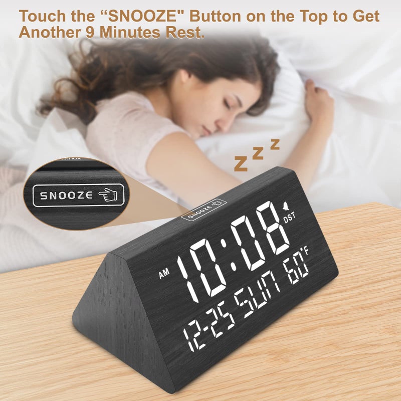 DreamSky Digital Alarm Clocks for Bedrooms - Wooden Desk Clock with Date, Day of Week, USB Port, Temperature, Dimmer for Bedside Table, Living Room, Office, Adjustable Volume, Auto DST, Wood Decor - Image 4