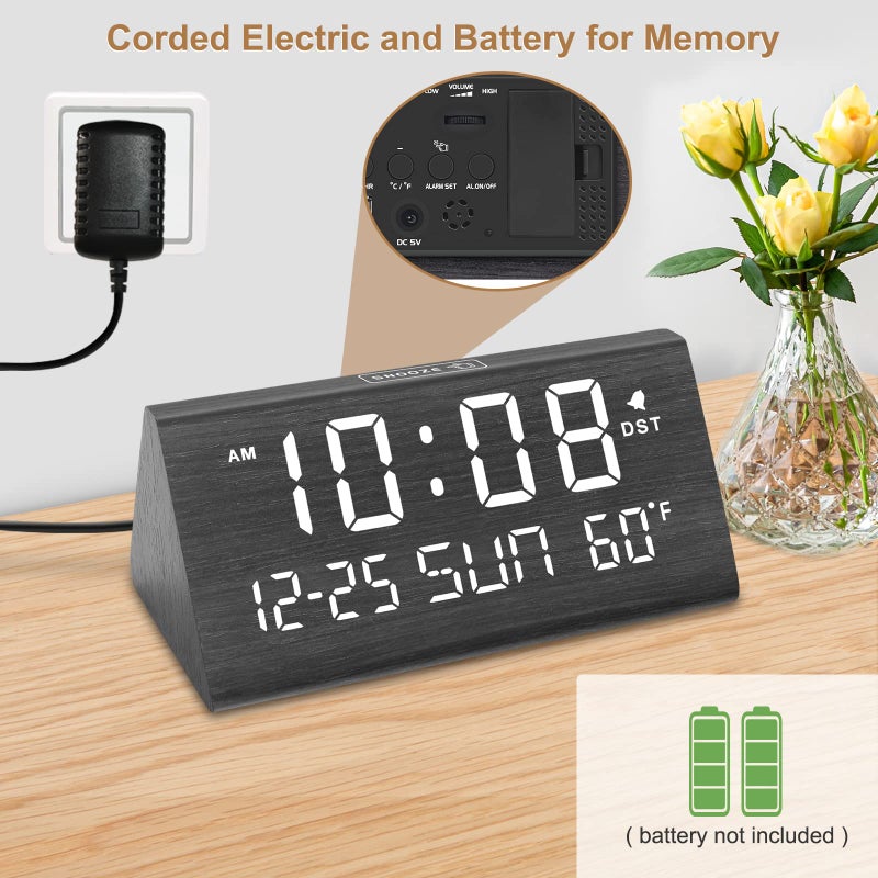 DreamSky Digital Alarm Clocks for Bedrooms - Wooden Desk Clock with Date, Day of Week, USB Port, Temperature, Dimmer for Bedside Table, Living Room, Office, Adjustable Volume, Auto DST, Wood Decor - Image 2