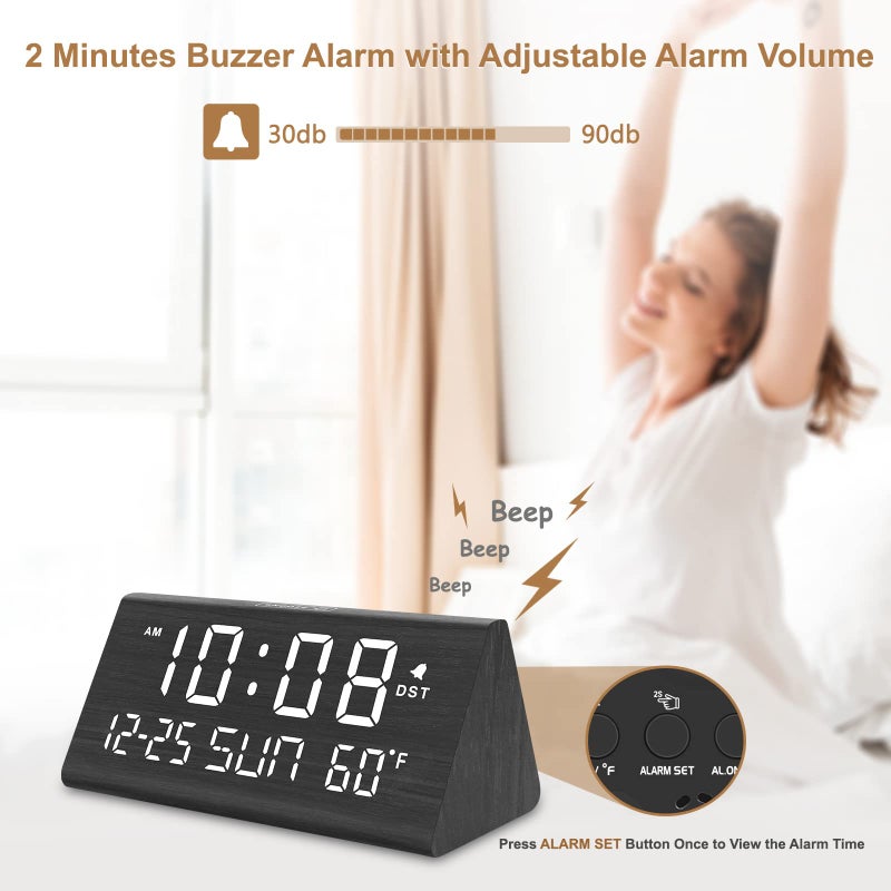 DreamSky Digital Alarm Clocks for Bedrooms - Wooden Desk Clock with Date, Day of Week, USB Port, Temperature, Dimmer for Bedside Table, Living Room, Office, Adjustable Volume, Auto DST, Wood Decor - Image 3