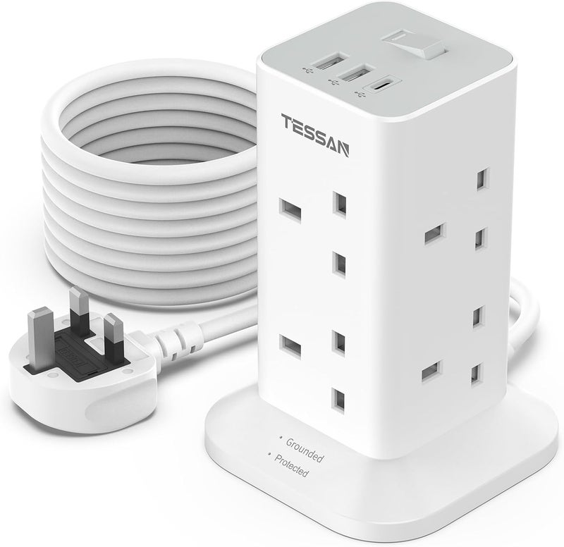 تيسان سلك تمديد برج بطول 5 أمتار مع 3 منافذ USB، كابل تمديد 5 أمتار مع 8 مقابس متعددة، شريط طاقة محمي من التيار الزائد مع مفتاح للمنزل والمكتب - Image 1