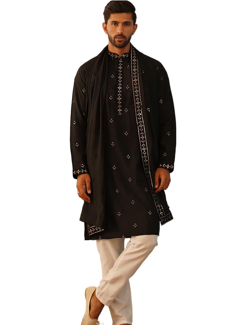 Jompers Men's Black Embroidered & Sequin Kurta Pyjama With Dupatta. (Black, XL) - Image 1