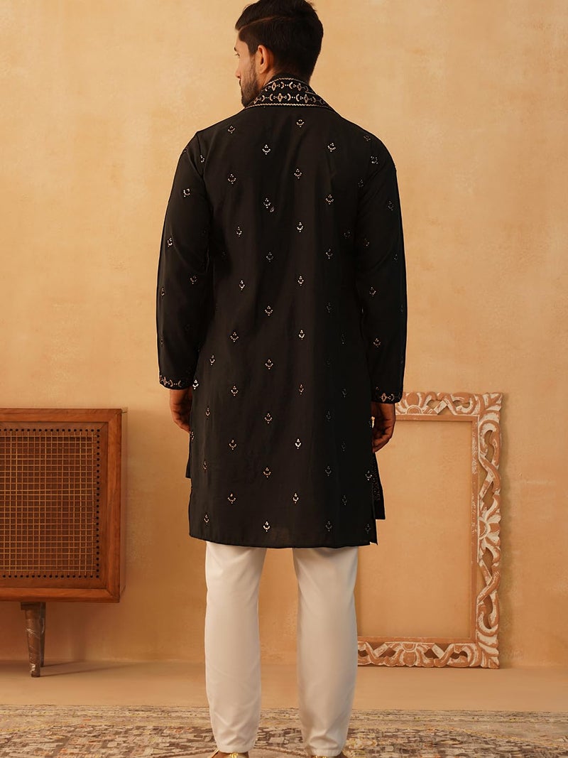 Jompers Men's Black Embroidered & Sequin Kurta Pyjama With Dupatta. (Black, XL) - Image 2