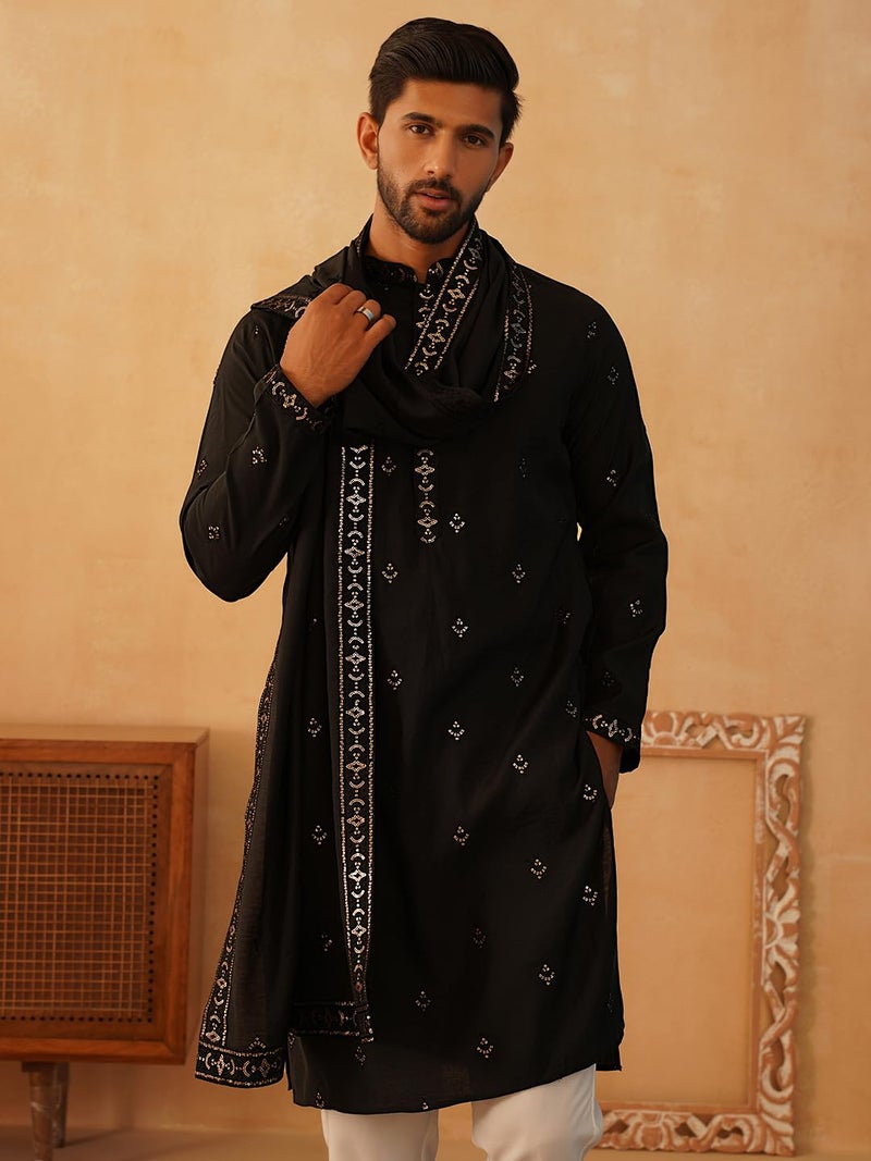 Jompers Men's Black Embroidered & Sequin Kurta Pyjama With Dupatta. (Black, XL) - Image 5
