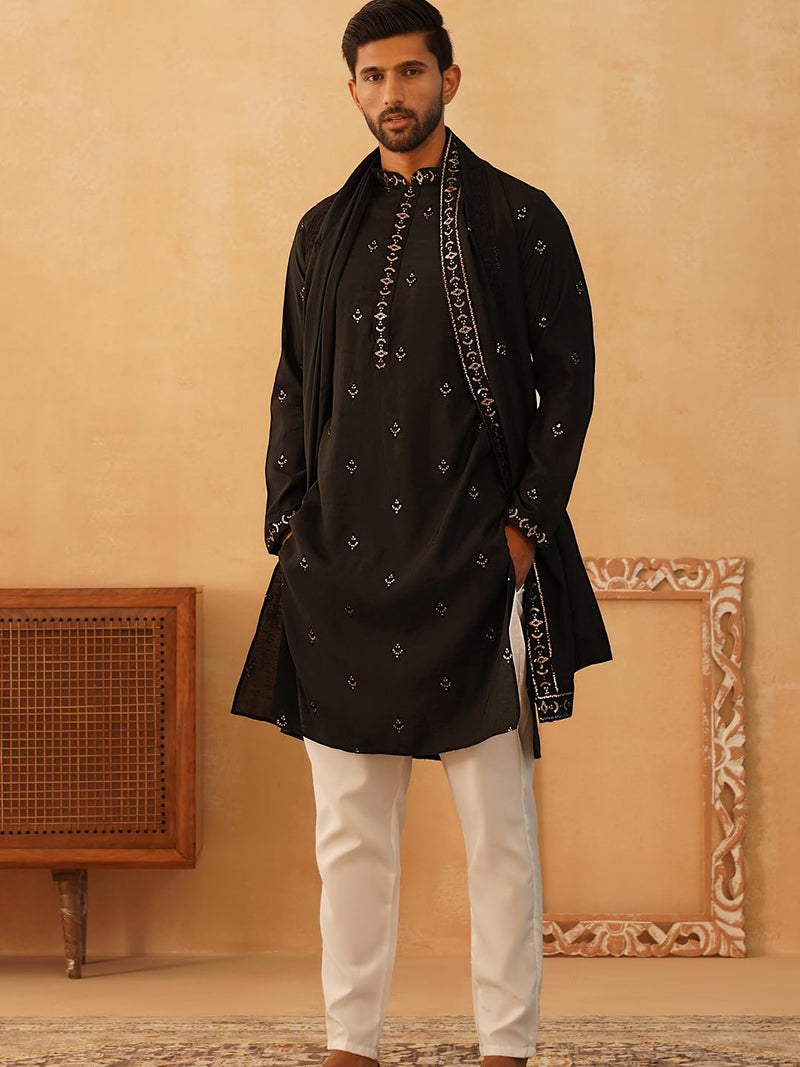 Jompers Men's Black Embroidered & Sequin Kurta Pyjama With Dupatta. (Black, XL) - Image 3