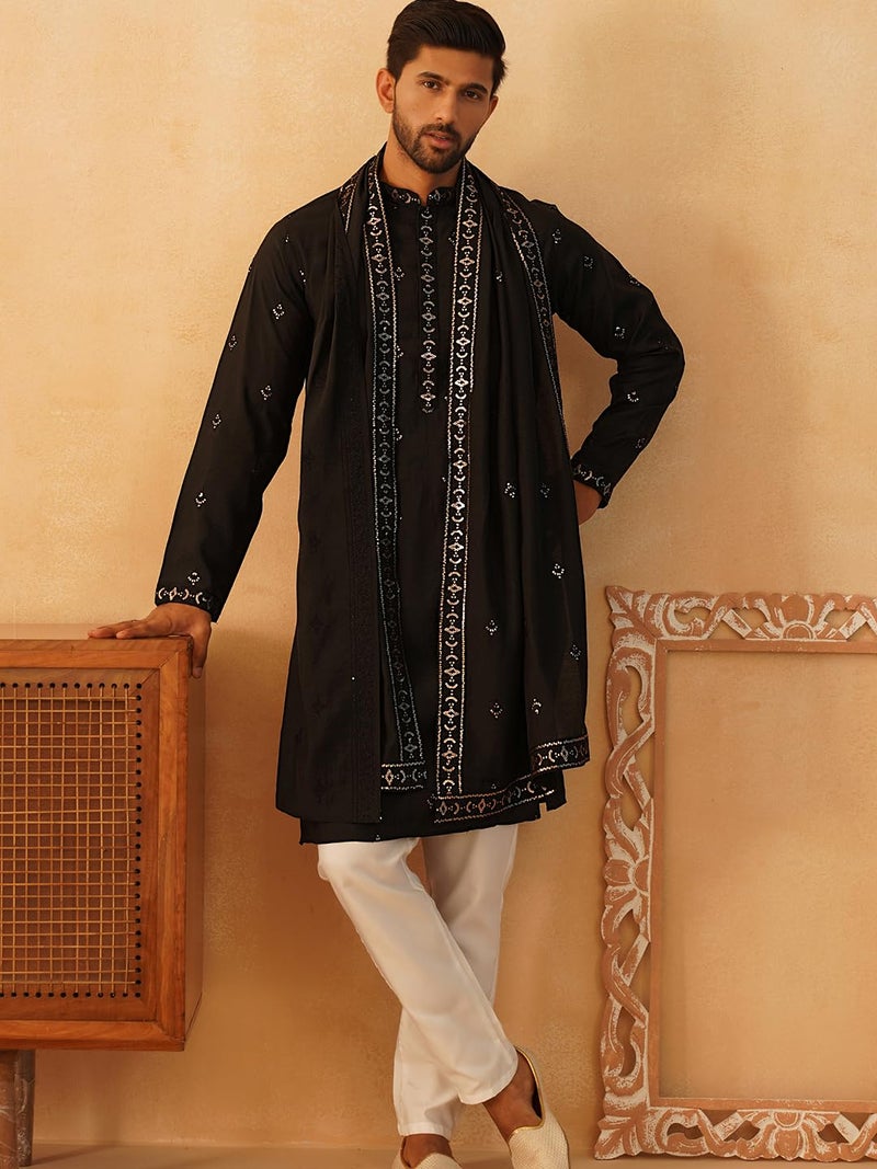 Jompers Men's Black Embroidered & Sequin Kurta Pyjama With Dupatta. (Black, XL) - Image 4