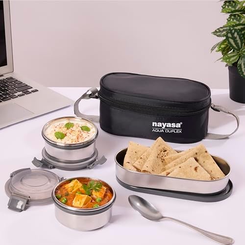 Nayasa Aqua Duplex Stainless Steel Office Lunch Box Set with Soft Insulated Bag | Leak Proof Tiffin Box | 580 ml | Black - Image 4