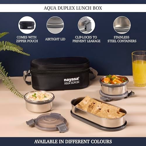 Nayasa Aqua Duplex Stainless Steel Office Lunch Box Set with Soft Insulated Bag | Leak Proof Tiffin Box | 580 ml | Black - Image 3
