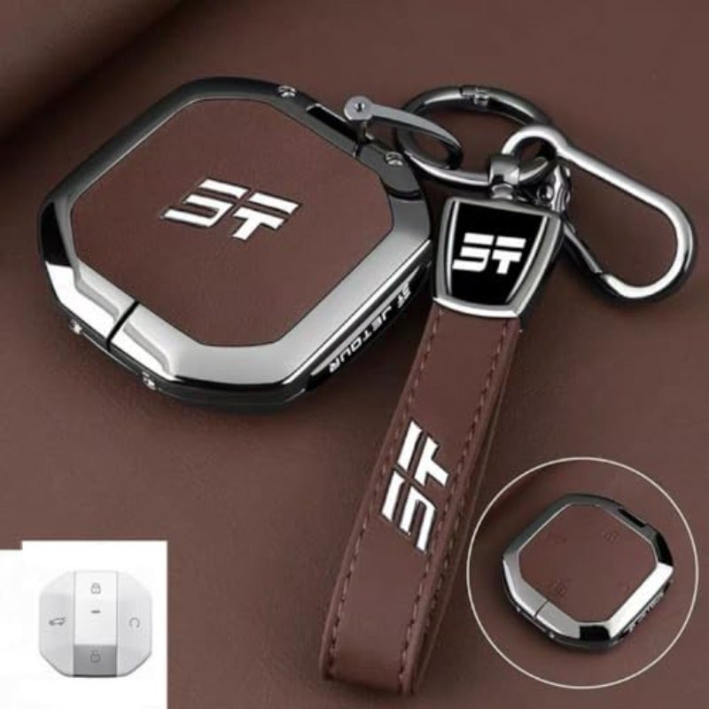 Jetour Car Key Fob Cover Case for Freedom Traveller Shanhai T1 T2 (2025-2026) - Brown, 4 Button with Keychain - Image 2
