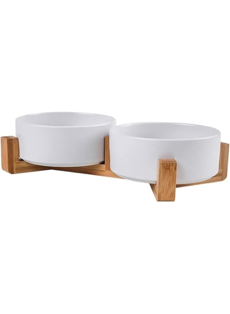 DUNISO وعاء حيوانات أليفة، وعاء سيراميك للكلاب والقطط، طبق وعاء قطط مع قاعدة خشبية، مضاد للانزلاق، سهل التنظيف، وعاءين مزدوجين للحيوانات الأليفة للطعام والماء - Image 1