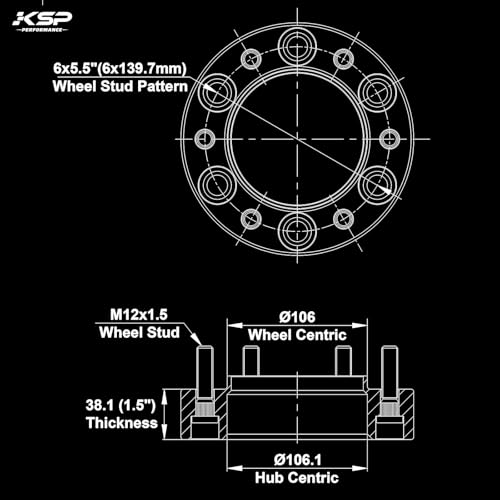 KSP PERFORMANCE KSP 6x5.5 Wheel Spacer Compatible with Toyota Tacoma 4Runner FJ Cruiser Tundra Sequoia, 1.5 inch 6x139.7mm 6 Lug Hub Centric Wheel Spacers with 106mm Bore 12x1.5 Studs for GX460 GX470, Set of 4 - Image 2