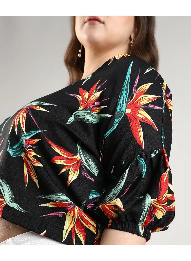 Instafab Plus Women's Black Botanical Print Top For Casual Wear | Square Neck | 3/4th Sleeve | Plus-Size Top Crafted With Regular Sleeve, Comfort Fit & High-Performance For Everyday Wear