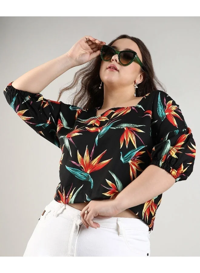 Instafab Plus Women's Black Botanical Print Top