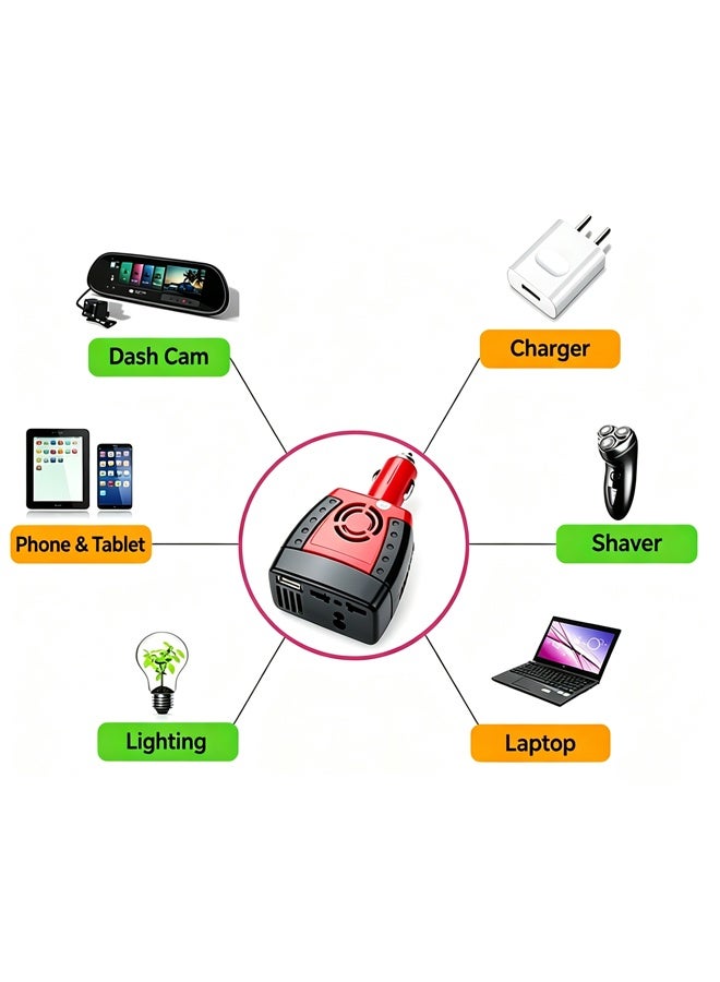 dida-cosmos 150W Car Power Inverter, DC 12V to AC 220V Car Converter with Universal AC Socket & 2.1A USB Charging Port, Plug and Play Car Charger Adapter for Laptop, Mobile Phone - Image 3