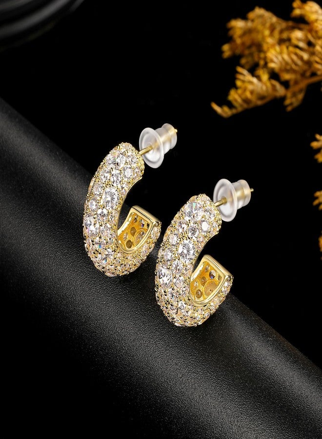 MDFUN Sparkling Cubic Zirconia Earrings for Women Stud Earrings C-shape Iced Out Hypoallergenic 18K Yellow Gold Gold Plated Earrings Pack of 1 Pair - Image 2