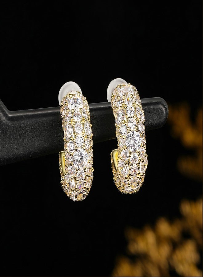 MDFUN Sparkling Cubic Zirconia Earrings for Women Stud Earrings C-shape Iced Out Hypoallergenic 18K Yellow Gold Gold Plated Earrings Pack of 1 Pair - Image 3