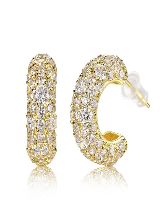 MDFUN Sparkling Cubic Zirconia Earrings for Women Stud Earrings C-shape Iced Out Hypoallergenic 18K Yellow Gold Gold Plated Earrings Pack of 1 Pair - Image 1