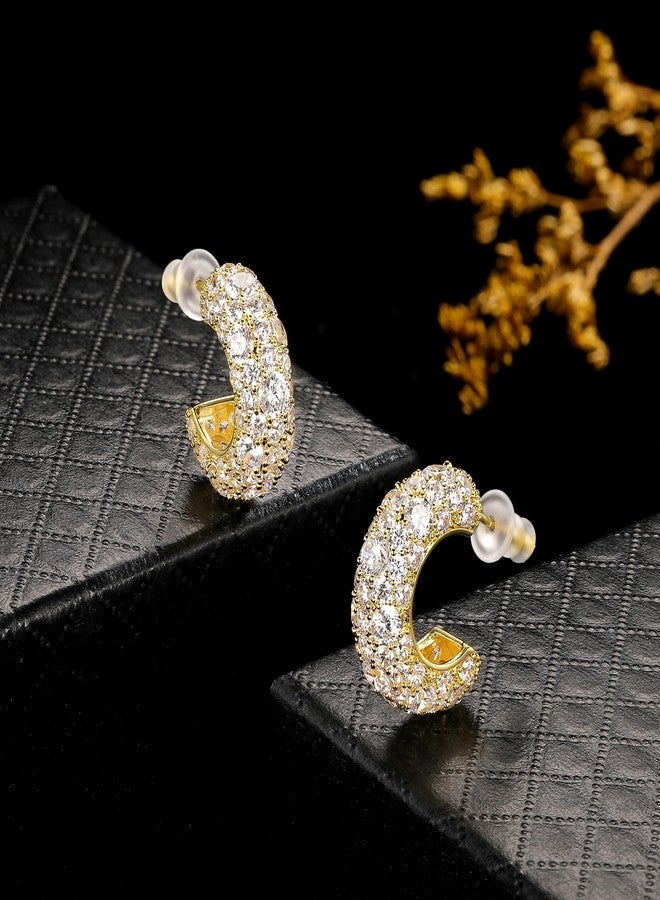 MDFUN Sparkling Cubic Zirconia Earrings for Women Stud Earrings C-shape Iced Out Hypoallergenic 18K Yellow Gold Gold Plated Earrings Pack of 1 Pair - Image 4