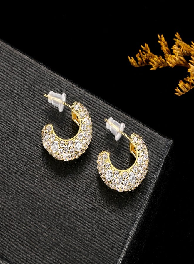 MDFUN Sparkling Cubic Zirconia Earrings for Women Stud Earrings C-shape Iced Out Hypoallergenic 18K Yellow Gold Gold Plated Earrings Pack of 1 Pair - Image 5