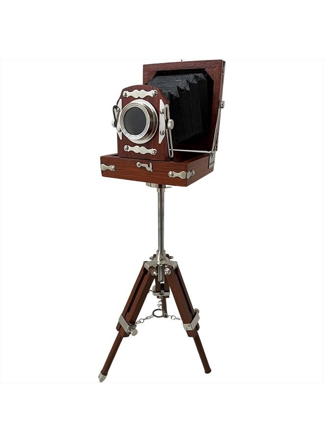 New Antique Vintage Look Film Camera Wooden Tripod Collectible Studio Gift Item Brown Color (22 Inches)