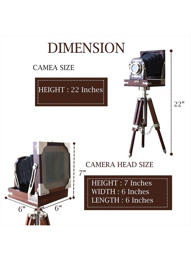 New Antique Vintage Look Film Camera Wooden Tripod Collectible Studio Gift Item Brown Color (22 Inches)