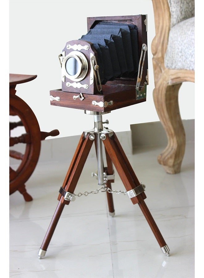 New Antique Vintage Look Film Camera Wooden Tripod Collectible Studio Gift Item Brown Color (22 Inches)