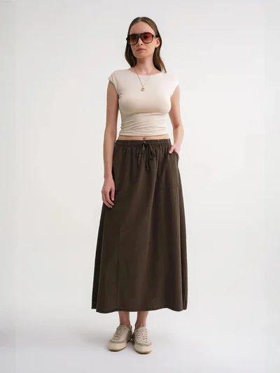 ماي كولكشن تنورة بخصر مرتفع من البوبلين مع تفاصيل رباط