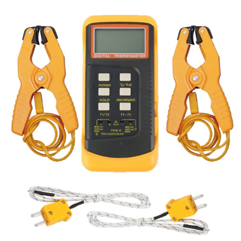 Dual-Channel K-type digital thermocouple thermometer (with 2 pipe clamps) yellow - Image 1