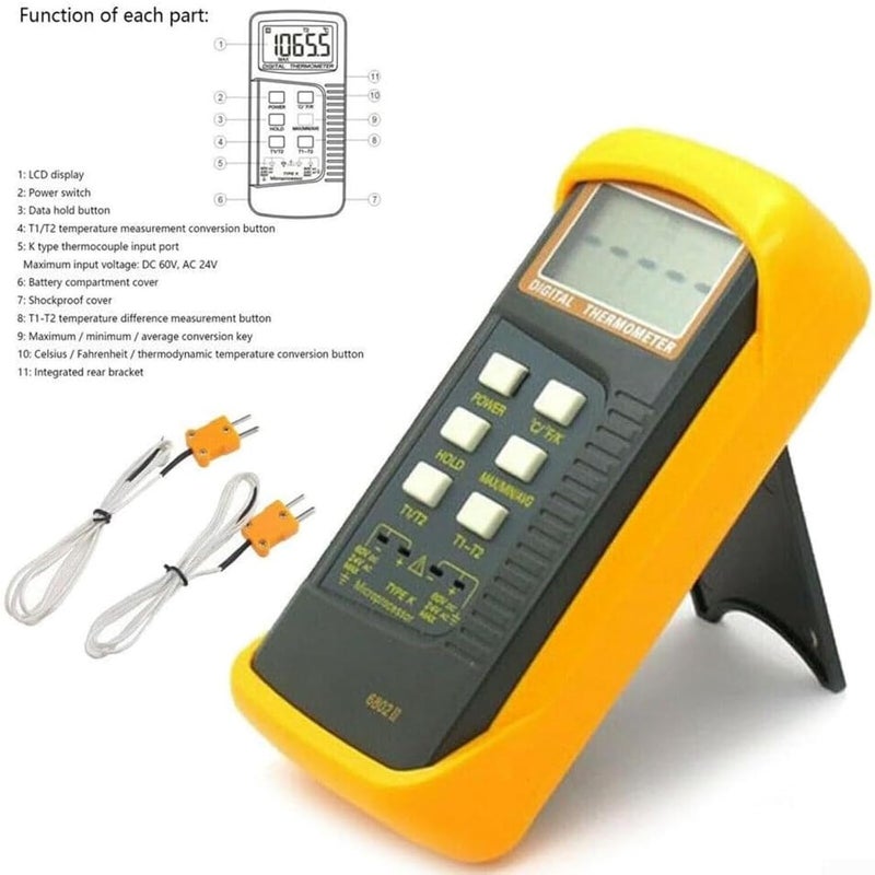Dual-Channel K-type digital thermocouple thermometer (with 2 pipe clamps) yellow - Image 4