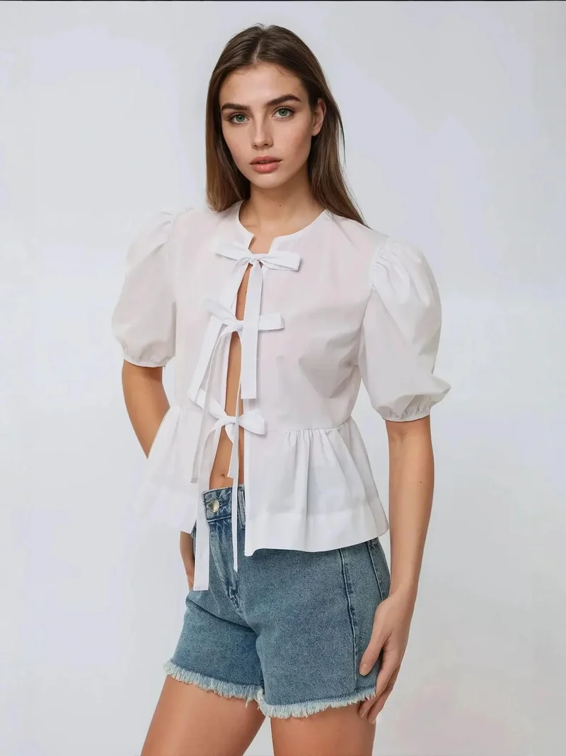 HICCUP Cotton Crew Neck Blouse with Bow Detail