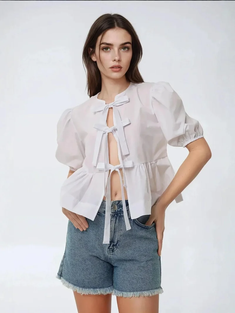 HICCUP Cotton Crew Neck Blouse with Bow Detail