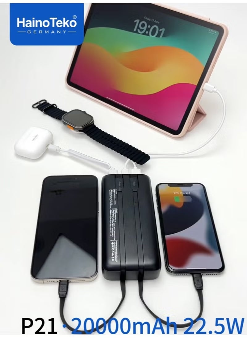 Haino Teko P21 20000mAh Portable Power Bank with 22.5W Fast Charging, LED Digital Display, Built-in Cables, Dual Device Support, Compact Durable Design – Black High-Capacity External Battery Pack for Smartphones, Tablets, Gadgets, Travel, Work, Office, and Daily Use - Image 5