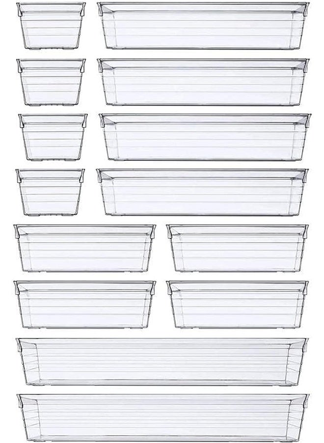 JCB CHIC مجموعة من 14 قطعة من أدوات تنظيم الأدراج البلاستيكية الشفافة، وأدوات تنظيم الأدراج المكتبية، وصناديق التخزين لصناديق التخزين للمكياج والمجوهرات والأدوات المطبخية وغرفة النوم والحمام والمكتب - Image 1