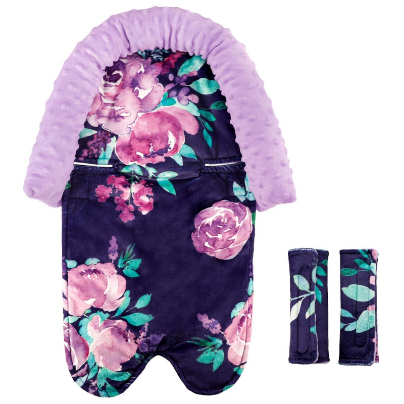 TANOFAR Baby Car Seat Head Support for Girls, Infant Carseat Insert Super Soft Fleece Newborn Headrest Seatbelt Covers for Car Seat, Stroller, Bouncer, Purple Flower - Image 1