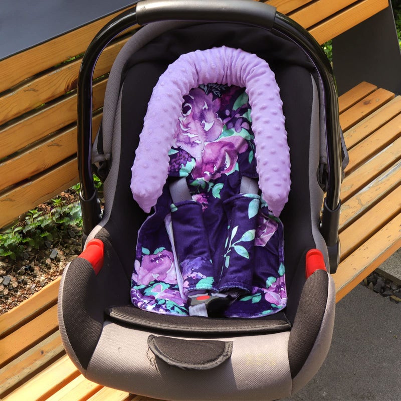TANOFAR Baby Car Seat Head Support for Girls, Infant Carseat Insert Super Soft Fleece Newborn Headrest Seatbelt Covers for Car Seat, Stroller, Bouncer, Purple Flower - Image 2