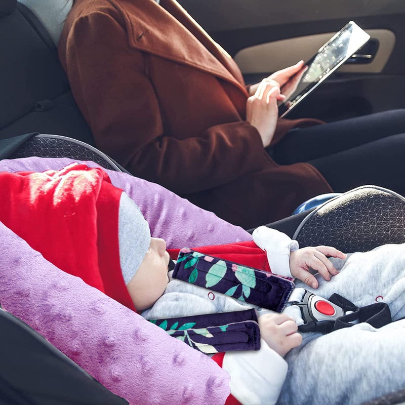 TANOFAR Baby Car Seat Head Support for Girls, Infant Carseat Insert Super Soft Fleece Newborn Headrest Seatbelt Covers for Car Seat, Stroller, Bouncer, Purple Flower - Image 3