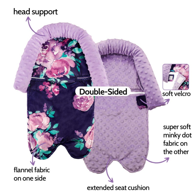 TANOFAR Baby Car Seat Head Support for Girls, Infant Carseat Insert Super Soft Fleece Newborn Headrest Seatbelt Covers for Car Seat, Stroller, Bouncer, Purple Flower - Image 4