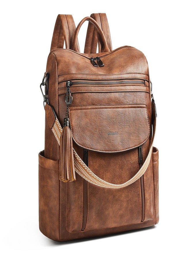 Shrrie Laptop Backpack for Women 15.6 inch,Travel Leather Backpack Purse Nurse Teacher Carry on Backpack Computer Bag,Professional Water-Resistant College Business Work Casual Daypack,Two-toned Brown - Image 1