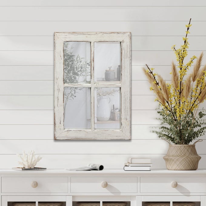 RUSTIC SMALL WINDOW PANE MIRROR WALL DECOR 11 X 16 INCHES HANGING DISTRESSED WHITE FARMHOUSE RECTANGLE WOOD FRAME MIRROR HANDMADE DECORATIVE WINDOW MIRRORS FOR LIVING ROOM CHRISTMAS