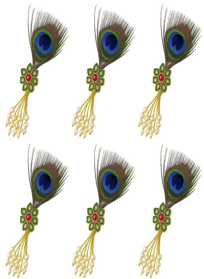 Fiable Collection Elegant Peacock Feather Hair Accessory with Pearl Tassels - Festive, Cultural & Pooja Decoration Ornament, Pack of 6 - Image 2