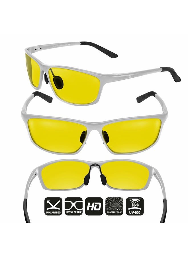 BLUPOND Night Driving Glasses For Men/Women - HD Yellow Vision for Maximum Clarity - Knight Visor (Silver/Black Case, Yellow Amber) - Rally, Silver - Image 3
